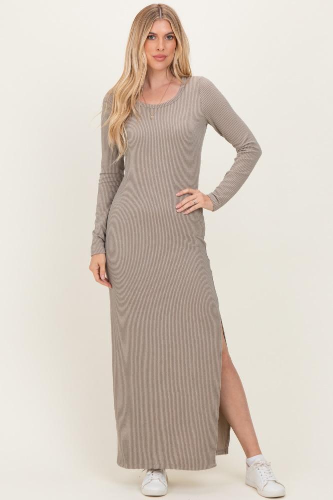 taupe ribbed long sleeve side slit maxi dress