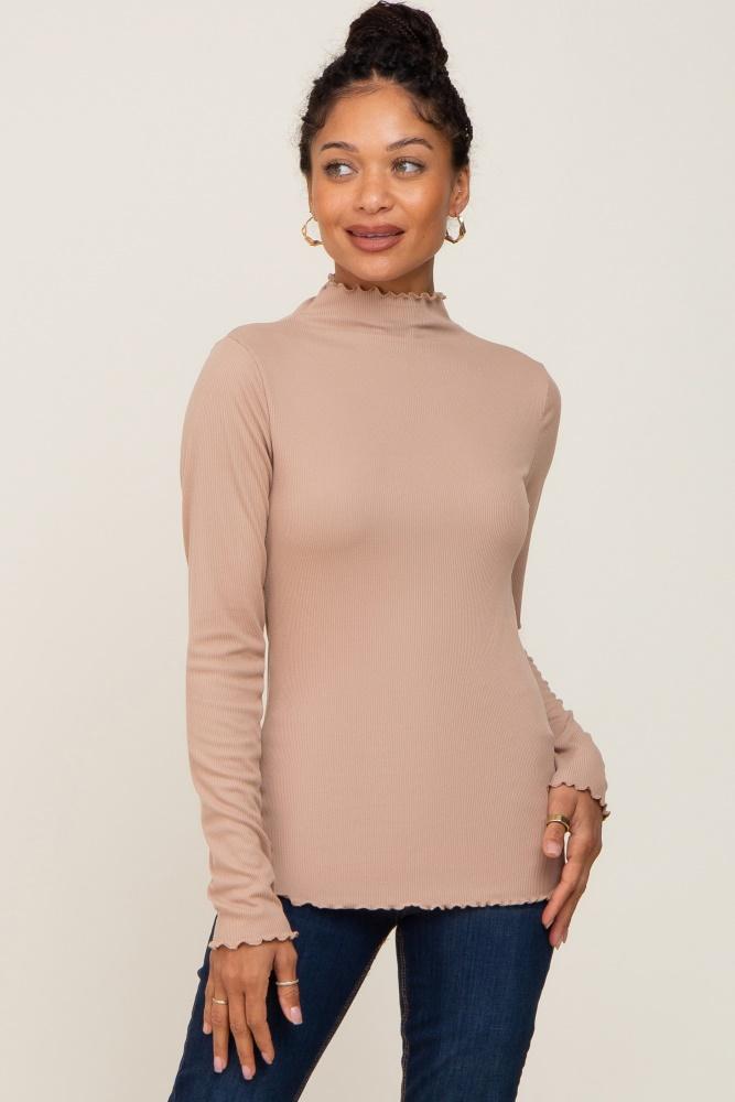 taupe ribbed mock neck lettuce trim long sleeve top
