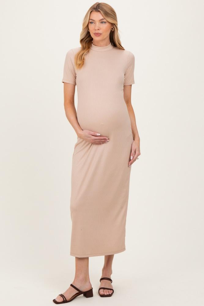 taupe ribbed mock neck short sleeve maternity midi dress