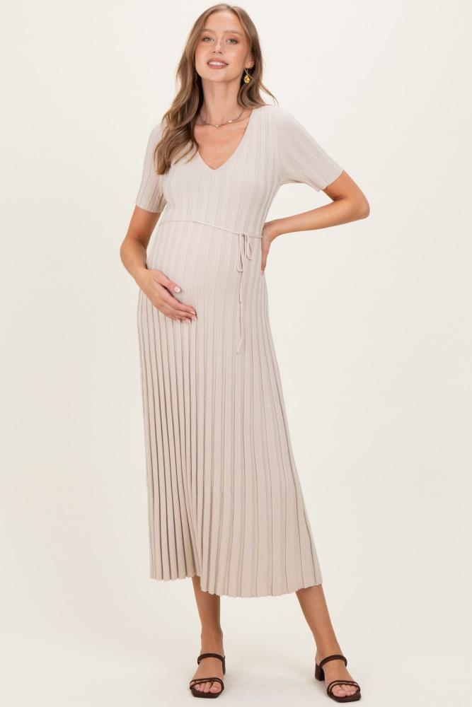 taupe ribbed short sleeve maternity knit maxi dress