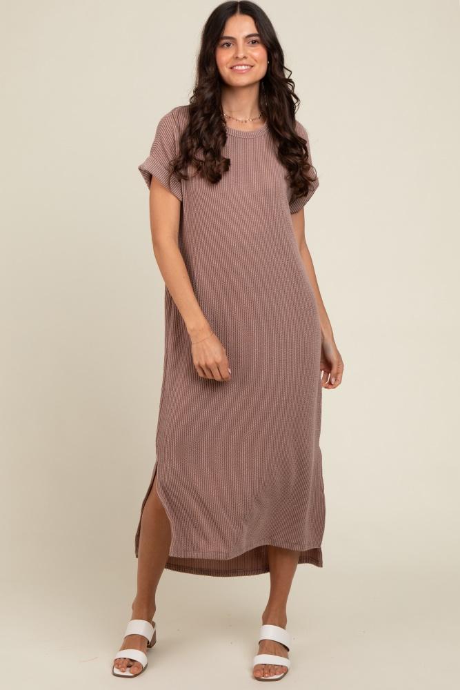 taupe ribbed short sleeve midi dress