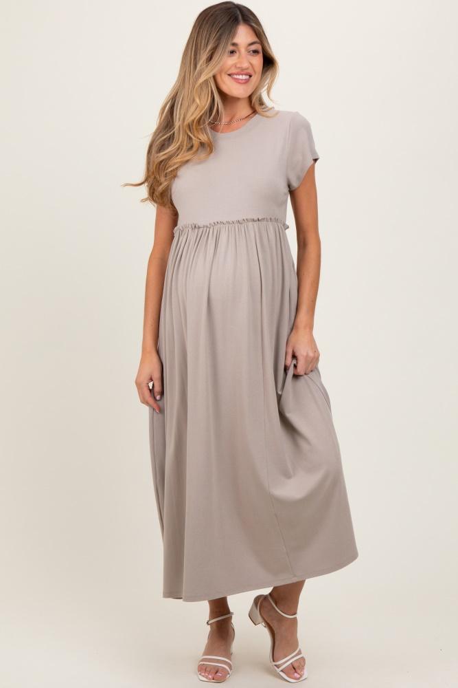 taupe ruffle trim maternity maxi dress