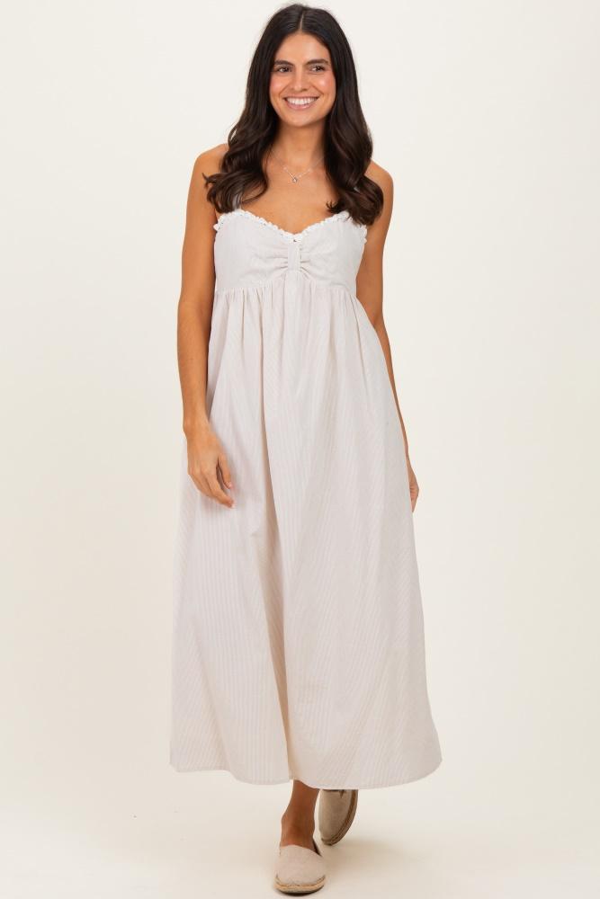 taupe ruffle trim sweetheart neckline midi dress
