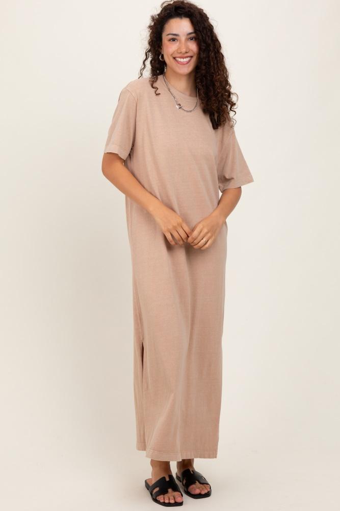 taupe short sleeve knit t-shirt maxi dress