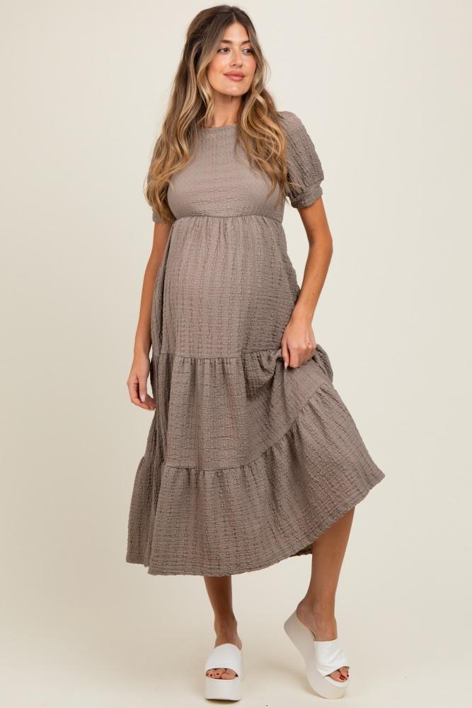 taupe solid textured tiered shirt sleeve maternity maxi dress