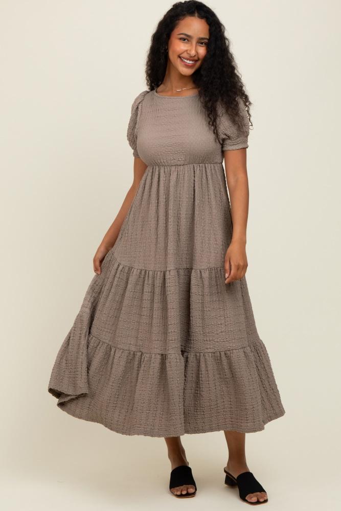 taupe solid textured tiered shirt sleeve maxi dress