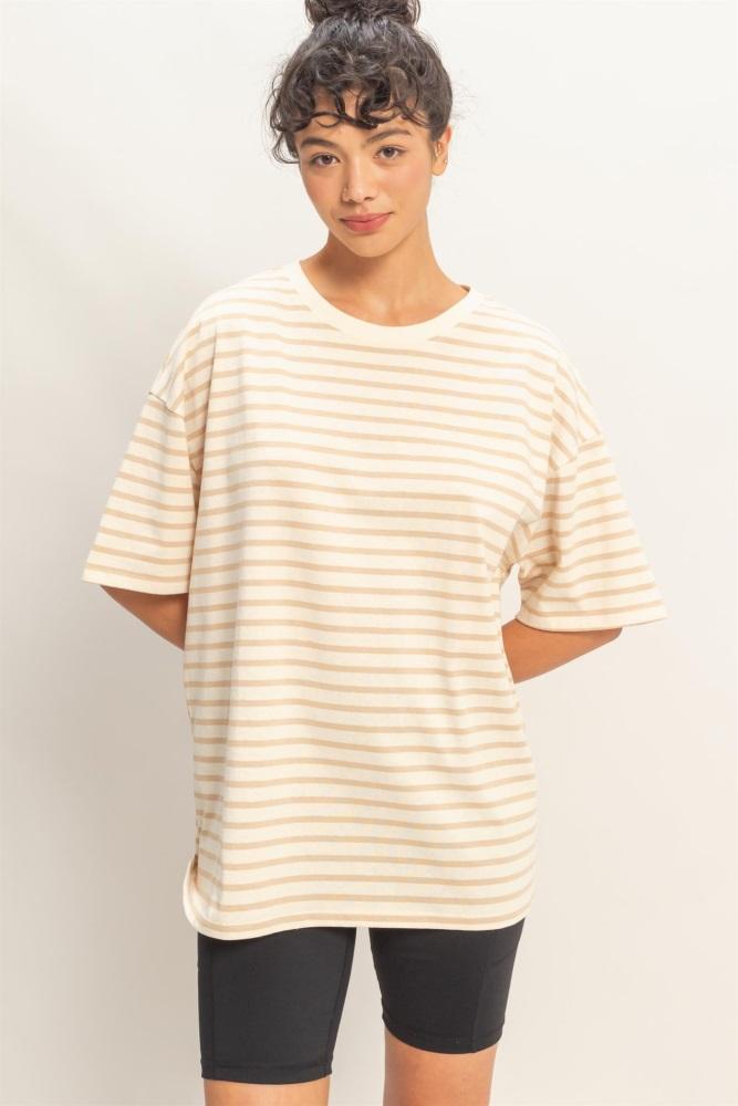 taupe striped short sleeve crew neck oversized cotton top