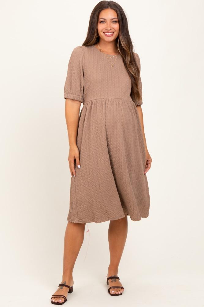 taupe textured knit puff sleeve maternity midi dress