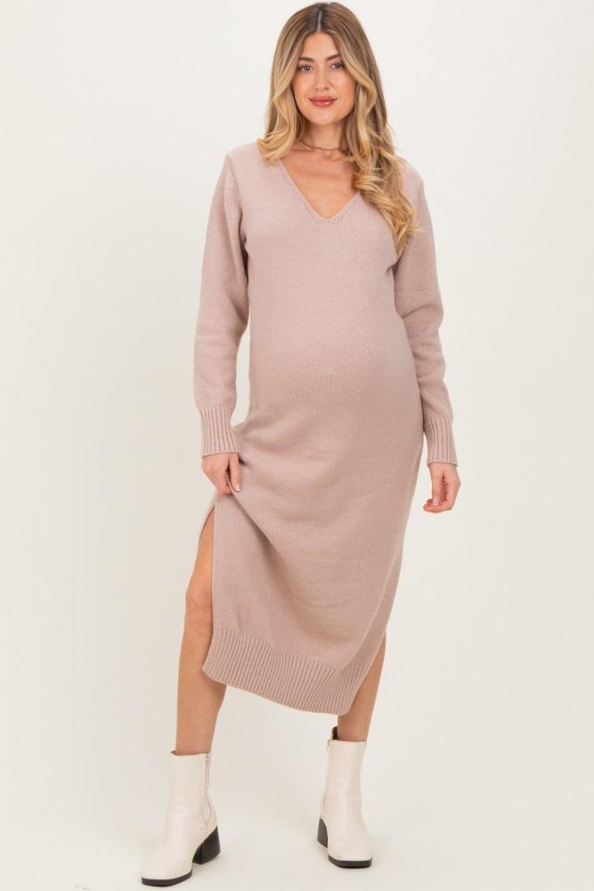 taupe v-neck relaxed fit maternity sweater dress