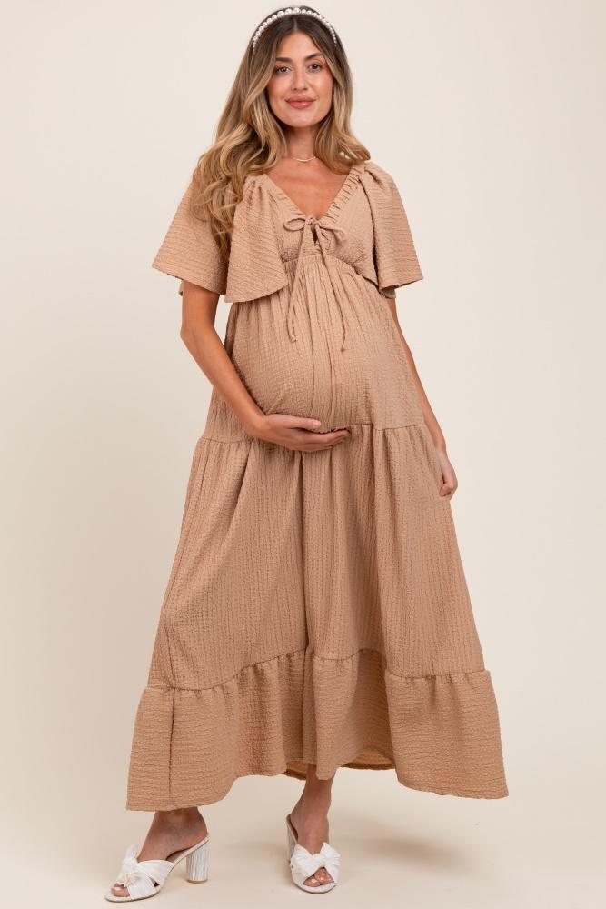 taupe woven textured flutter sleeve v-neck tiered maternity maxi dress