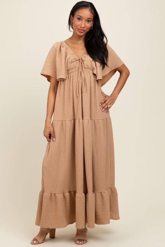 taupe woven textured flutter sleeve v-neck tiered maxi dress