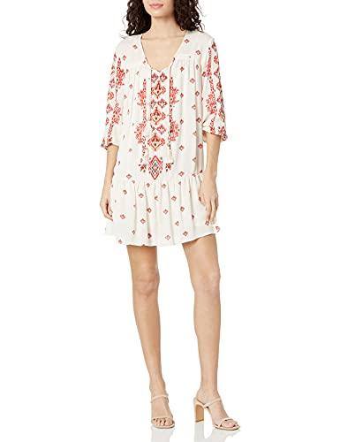 taylor and sage women's tribal print peasant dress with tassel, almond beige, small