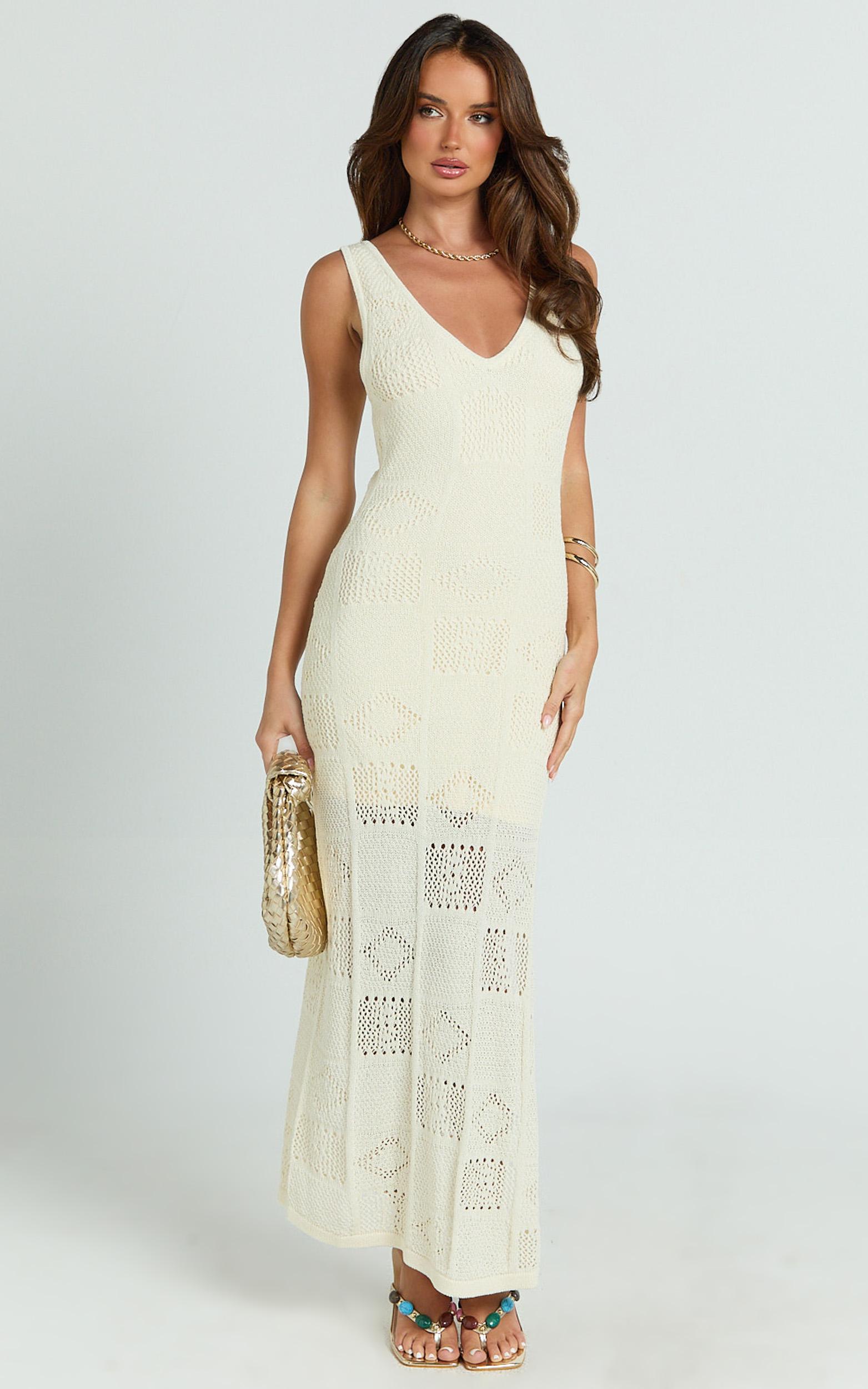 taylor maxi dress - crochet knit scoop neck dress in cream