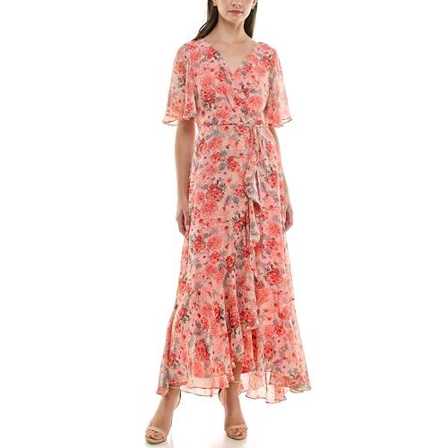 taylor women's double v-neck flutter sleeve floral wrap maxi dress, bisque coral pink
