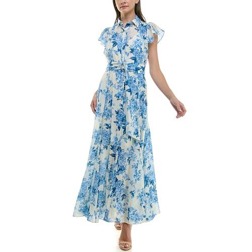 taylor women's floral flutter sleeve collared button down maxi dress with waist tie, northcott blue
