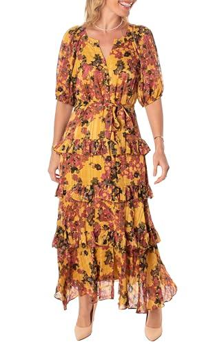 taylor women's floral print ruffle tiered maxi dress with elbow puff sleeves, marigold/magenta