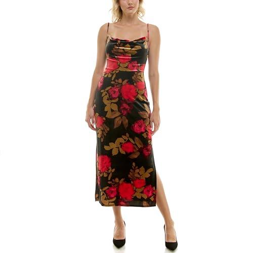 taylor women's floral velvet spaghetti strap slip midi dress, black fushion pink