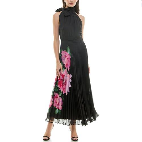 taylor women's halter neck tie pleated maxi dress with floral detail, black garden flower