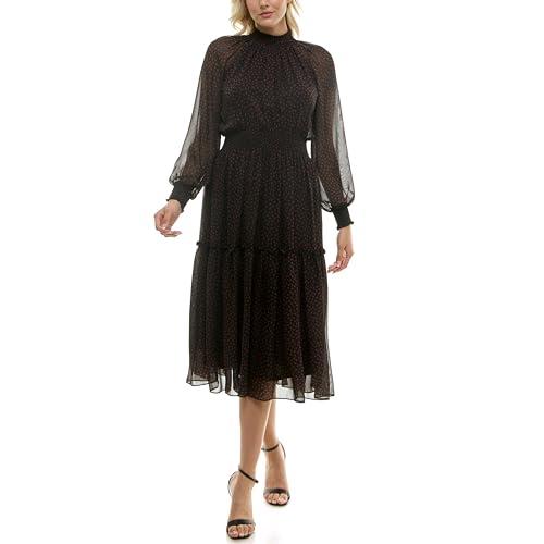 taylor women's long sleeve polka dot mockneck chiffon maxi dress, black/copper