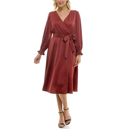 taylor women's long sleeve satin faux wrap midi dress with sash, fawn