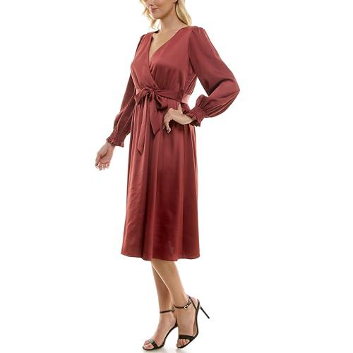 taylor women's long sleeve satin faux wrap midi dress with sash, fawn