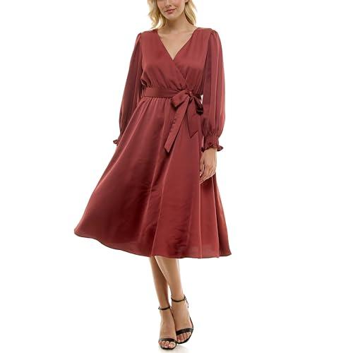taylor women's long sleeve satin faux wrap midi dress with sash, fawn