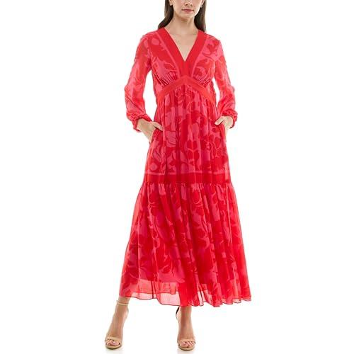 taylor women's long sleeve v-neck back smocked midi dress, pink red