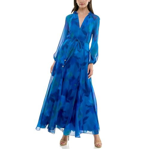 taylor women's long sleeve v-neck floral print braided belt sheath maxi dress, blue cobalt
