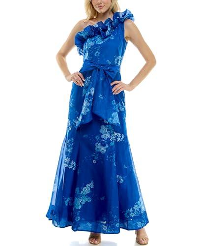 taylor women's sleeveless one shoulder ruffle floral dress with front sash tie, sapphire blue