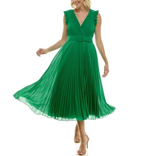 taylor women's sleeveless ruffle shoulder v-neck mock wrap pleated midi dress, sea green