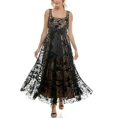 taylor women's sleeveless scoop neck velvet flocked mesh gown with full skirt and satin sash, black, 8