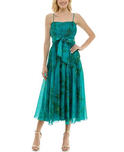 taylor women's sleeveless smocked spaghetti strap midi dress with bow sash, ocean olive