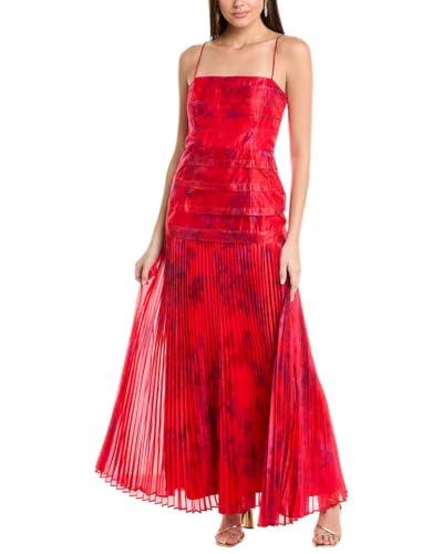 taylor women's sleeveless spaghetti strap tiered bodice pleated maxi dress, scarlet orchid
