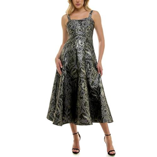 taylor women's sleeveless sweetheart neck jacquard fit and flare midi dress, black grey, 10