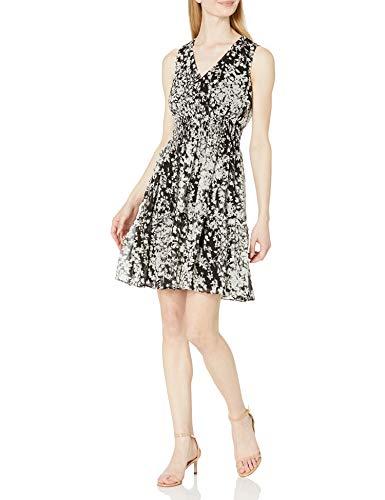 taylor women's sleeveless v-neck floral print short chiffon smocked waist ruffle skirt dress, black/ivory, 10