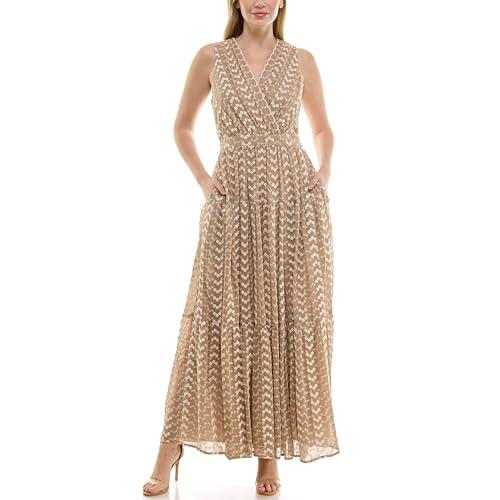 taylor women's sleeveless v-neck mock wrap top maxi dress, light coffee cream