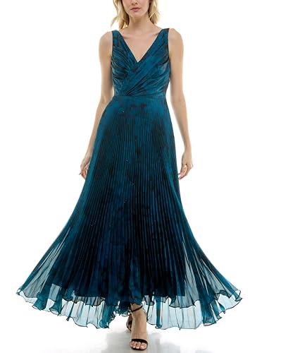 taylor women's sleeveless v neck pleated wrap bodice gown, crystal teal black
