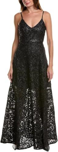 taylor women's spaghetti strap v neck lace mesh overlay full skirt gown, black black