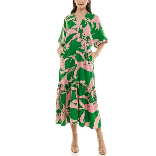taylor women's v-neck dolman elbow sleeve tiered bold print maxi dress, garden green pink