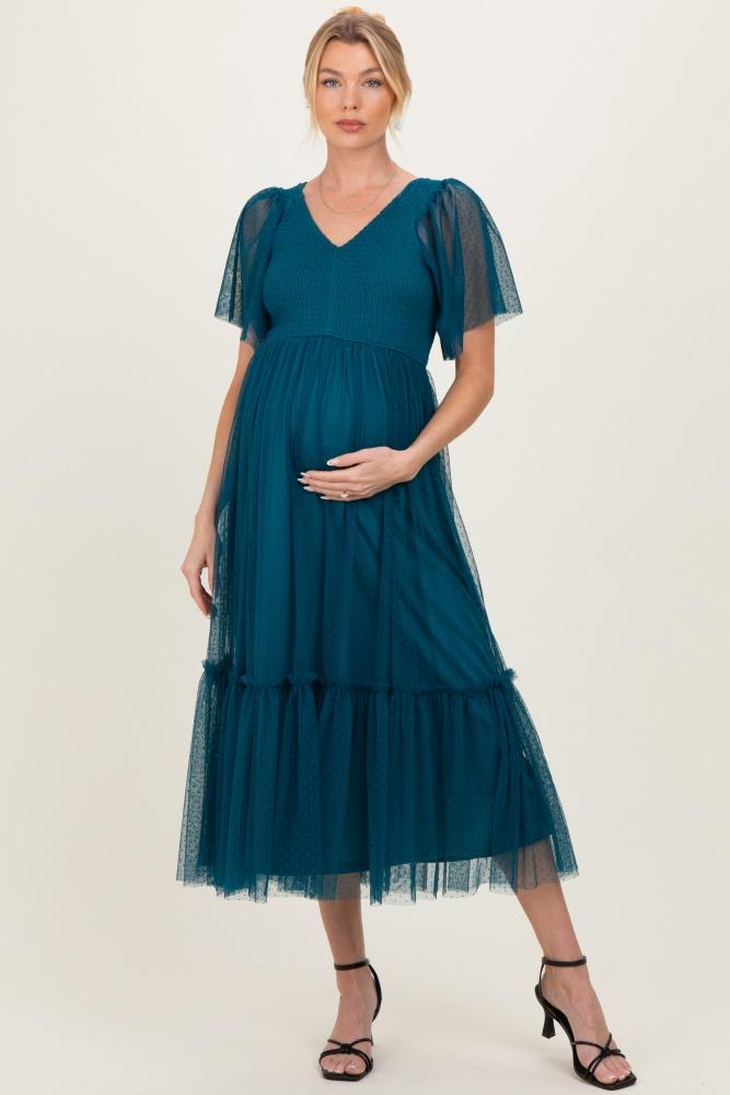 teal dotted tulle smocked maternity midi dress