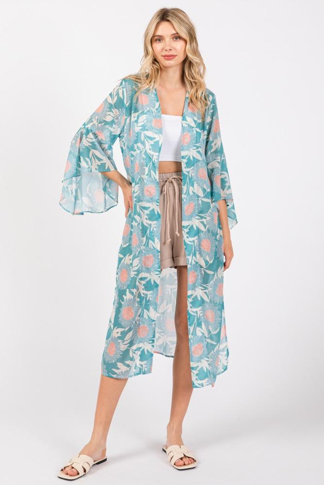 teal floral bell sleeve cover-up