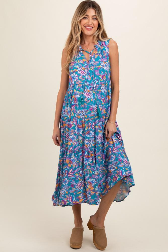 teal floral ruffle mock neck tiered sleeveless maternity midi dress