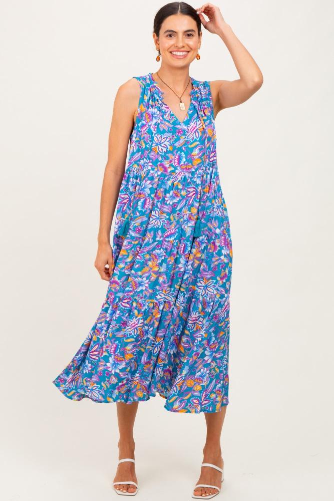 teal floral ruffle mock neck tiered sleeveless midi dress