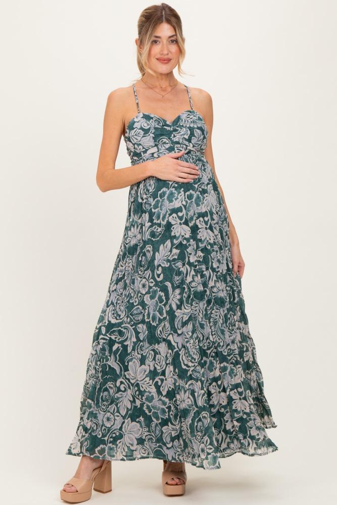 teal floral sleeveless maternity maxi dress