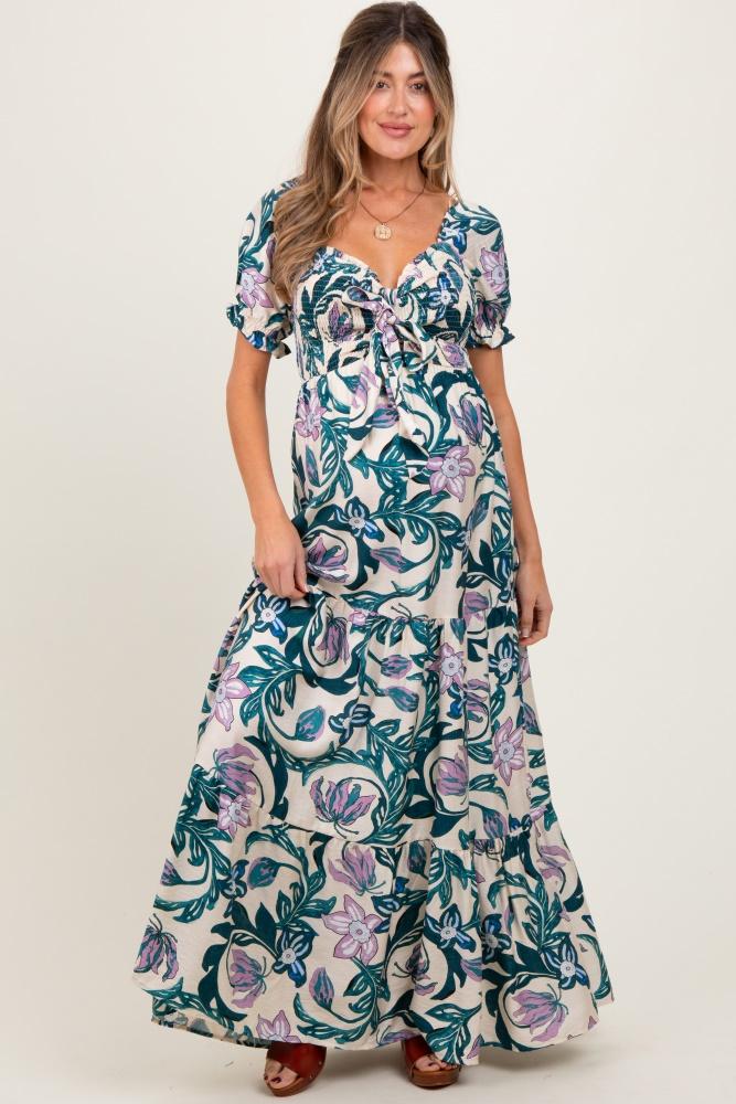 teal floral smocked front tie maternity maxi dress