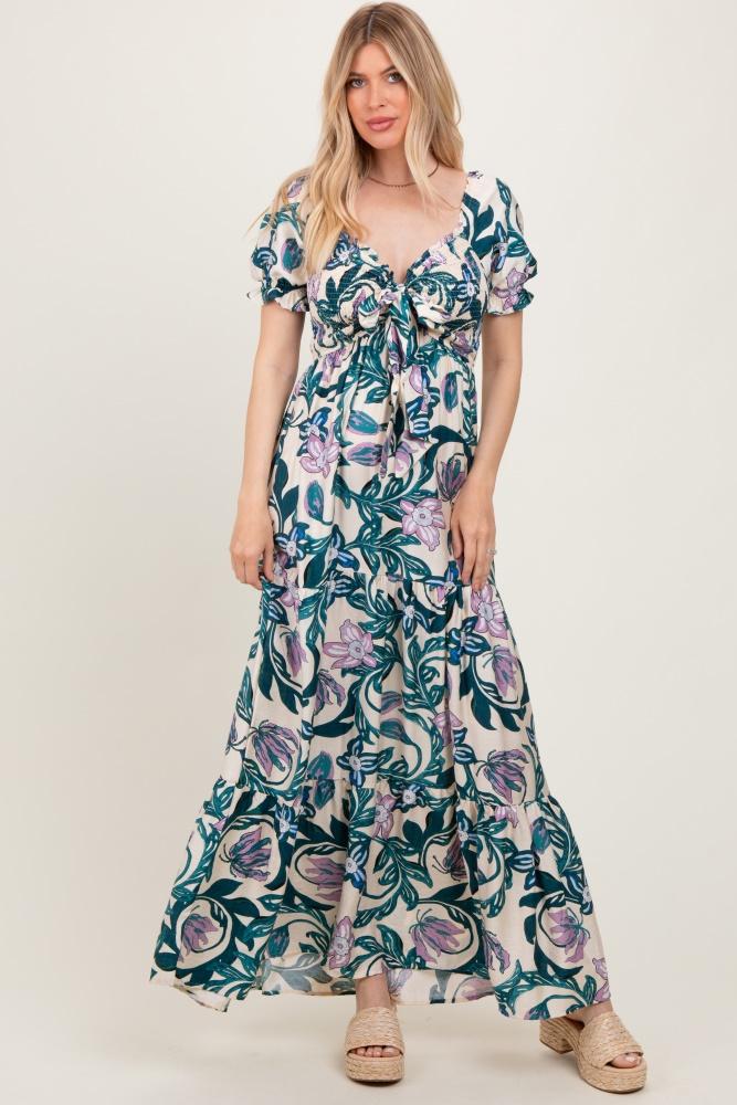teal floral smocked front tie maxi dress