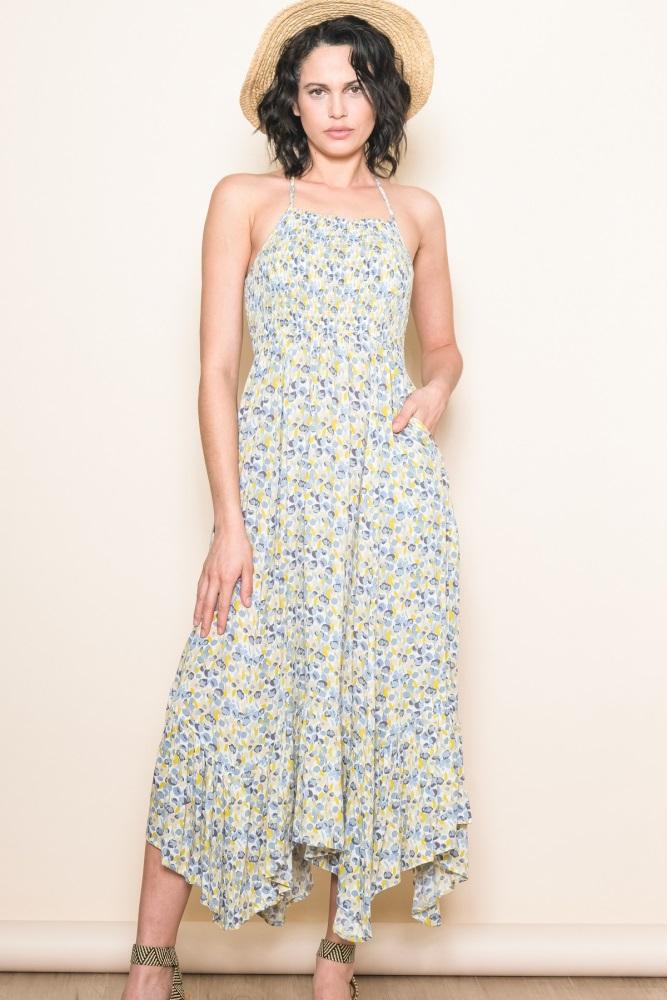 teal floral smocked halter flowy maxi dress