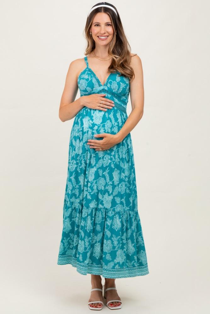 teal floral v-neck lace trim maternity maxi dress
