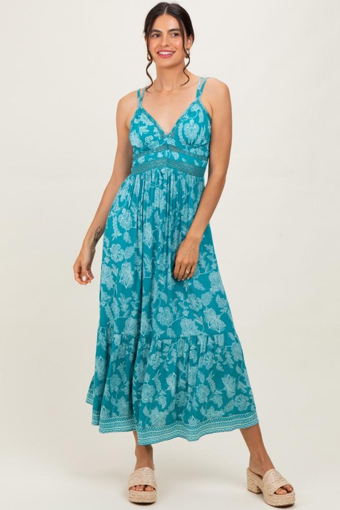 teal floral v-neck lace trim maxi dress