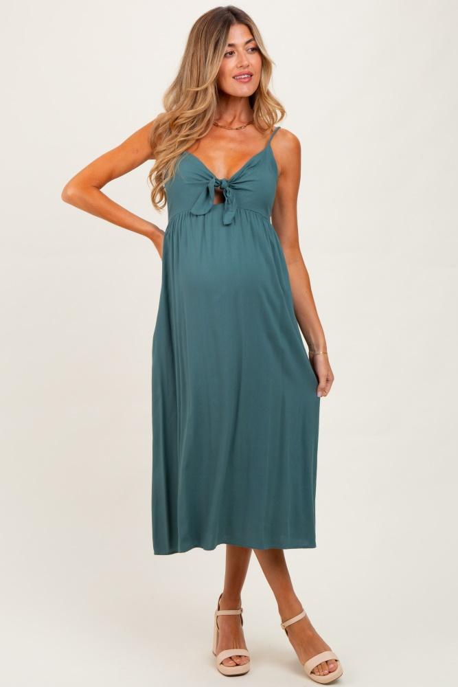 teal front tie sleeveless maternity midi dress